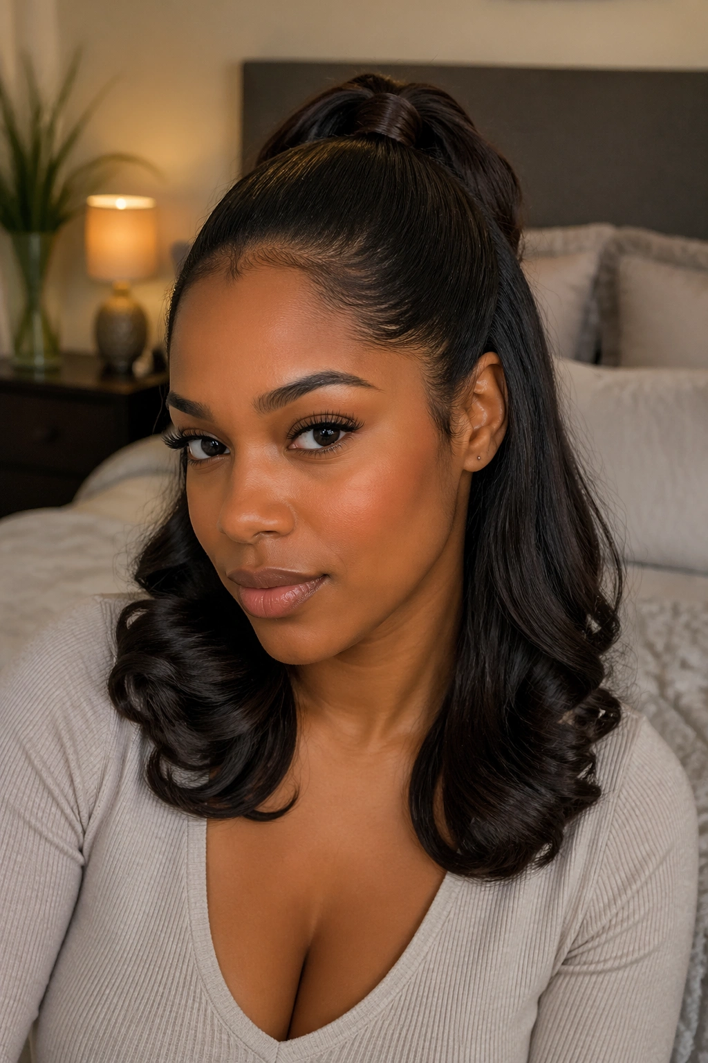 Real woman with half-up hairstyle and curled ends.