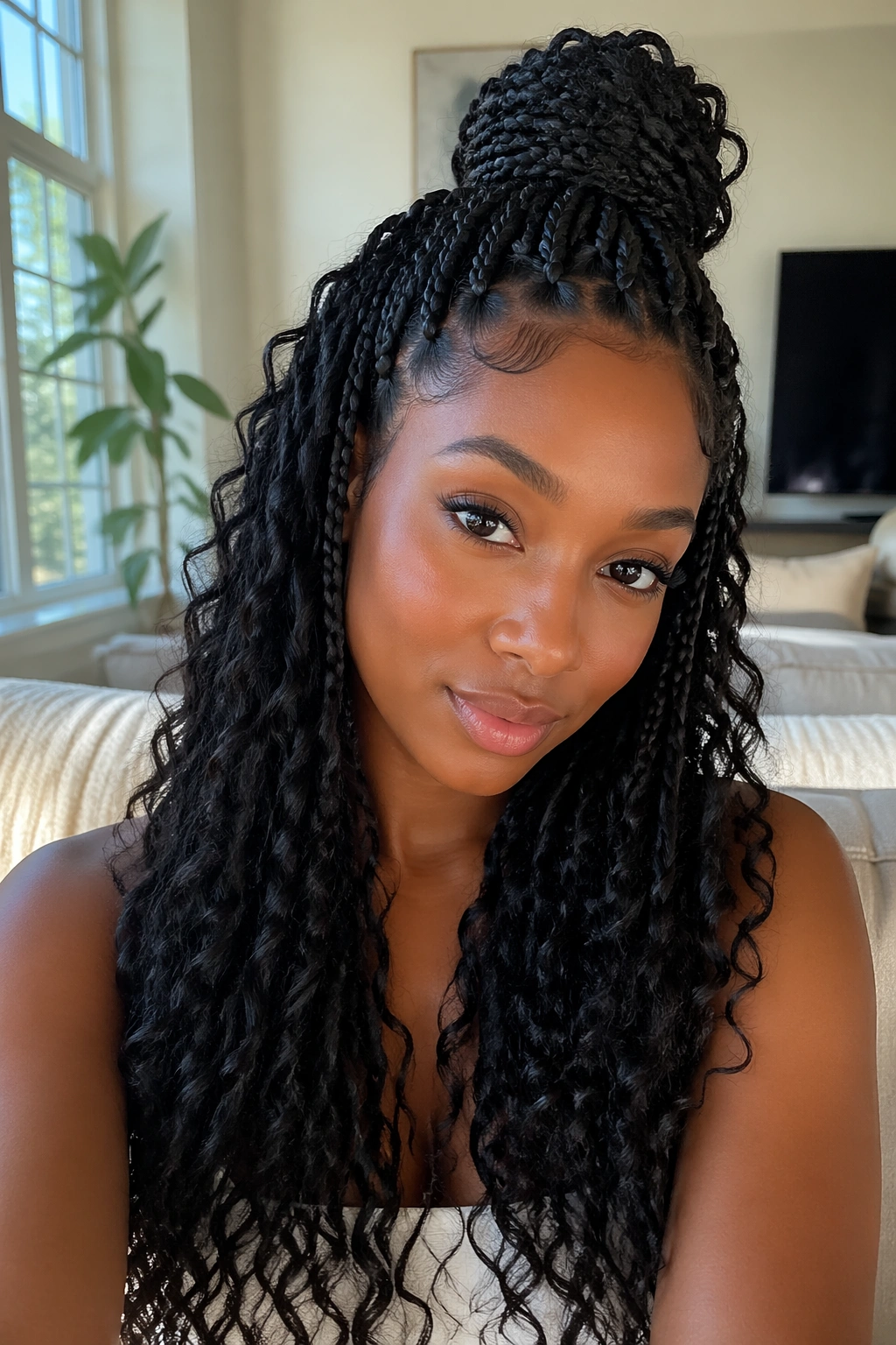 Close-up portrait of a real woman with Half-Up Half-Down Curly Box Braids with top bun and flowing curls