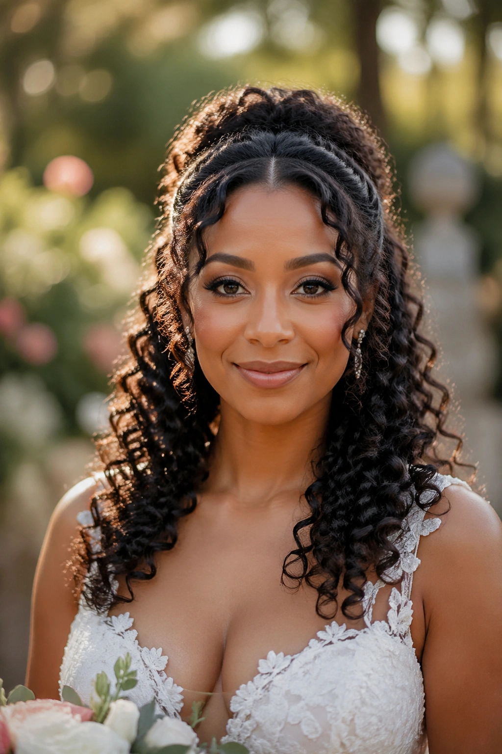 Close-up of a real bride with a half-up curly wedding hairstyle outdoors at golden hour