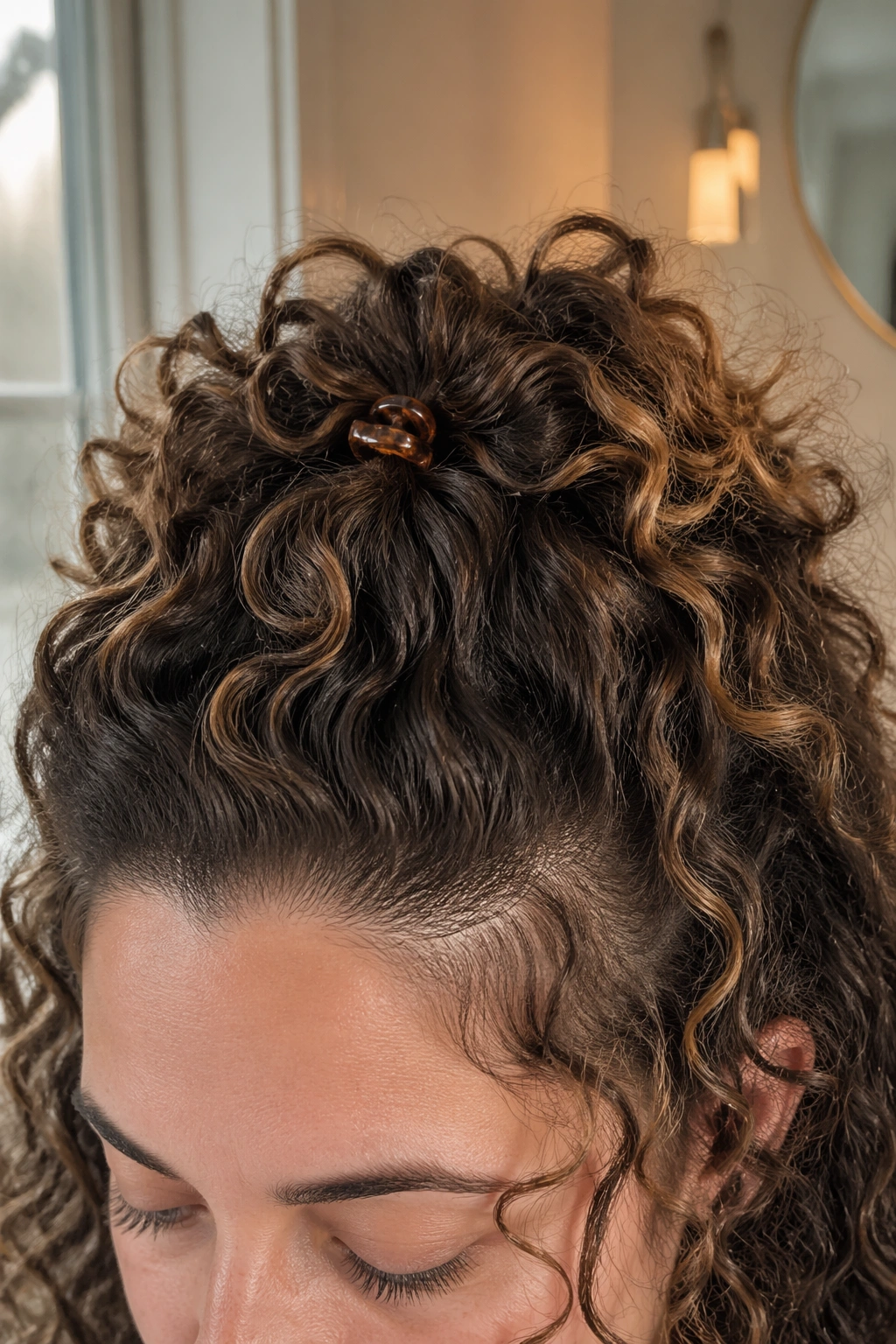 Half-Up Curly Crown Lift: crown lift with top teased and loose curls framing the face.