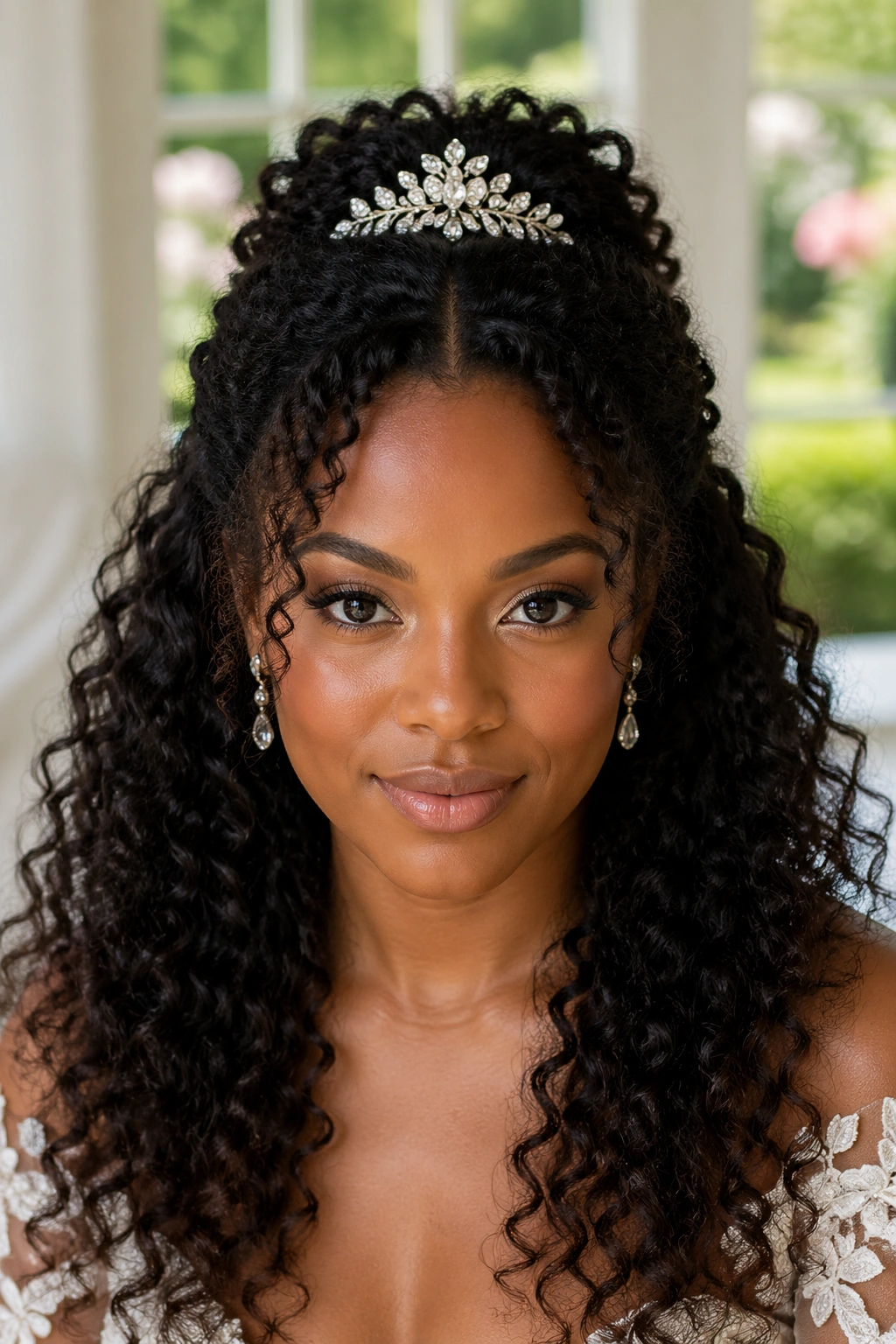 Close-up of a real Black woman wearing a half-up curls with jeweled comb at the crown.