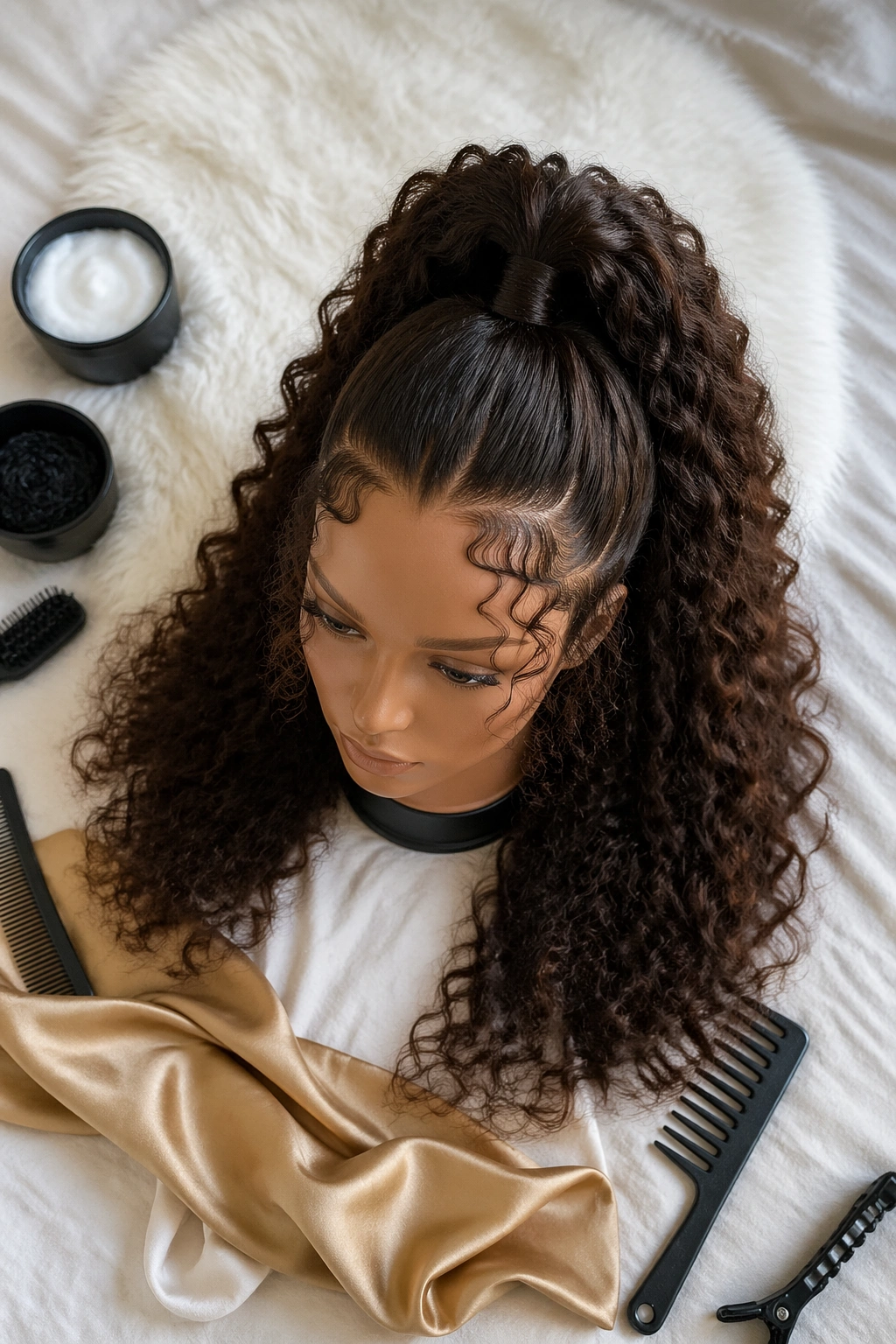 Overhead flat-lay half-up curly ponytail with leave-out curls
