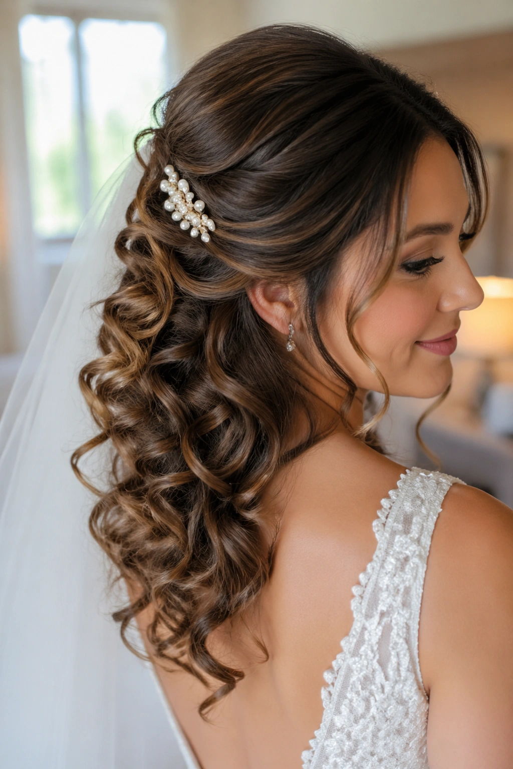 Close-up of a real bride with soft half-up curls and a pearl clip in a bridal setting