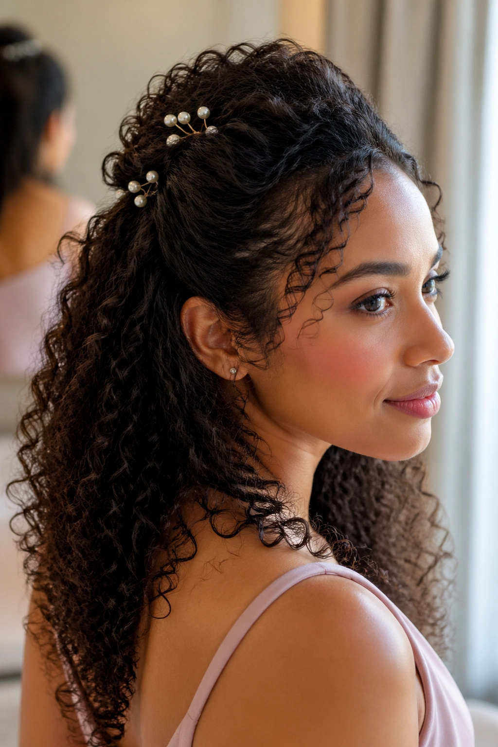 Close-up of a real woman with half-up curls secured by pearl pins.