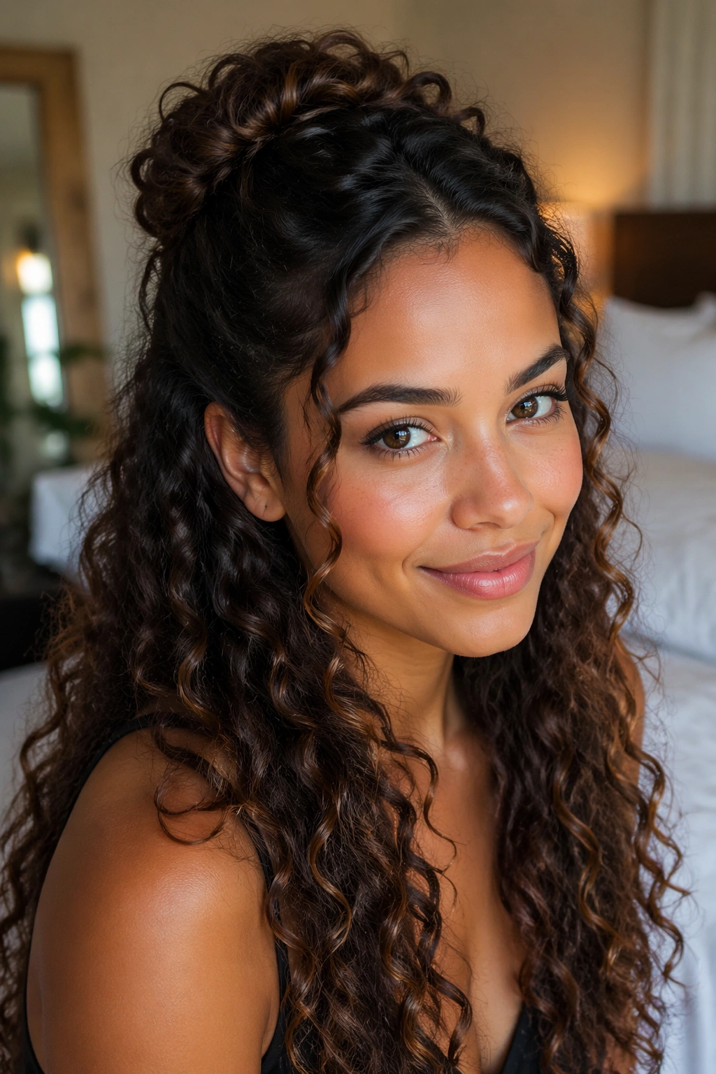 Close-up portrait of a real woman with a curly half-up hairstyle showing pinned top and flowing curls