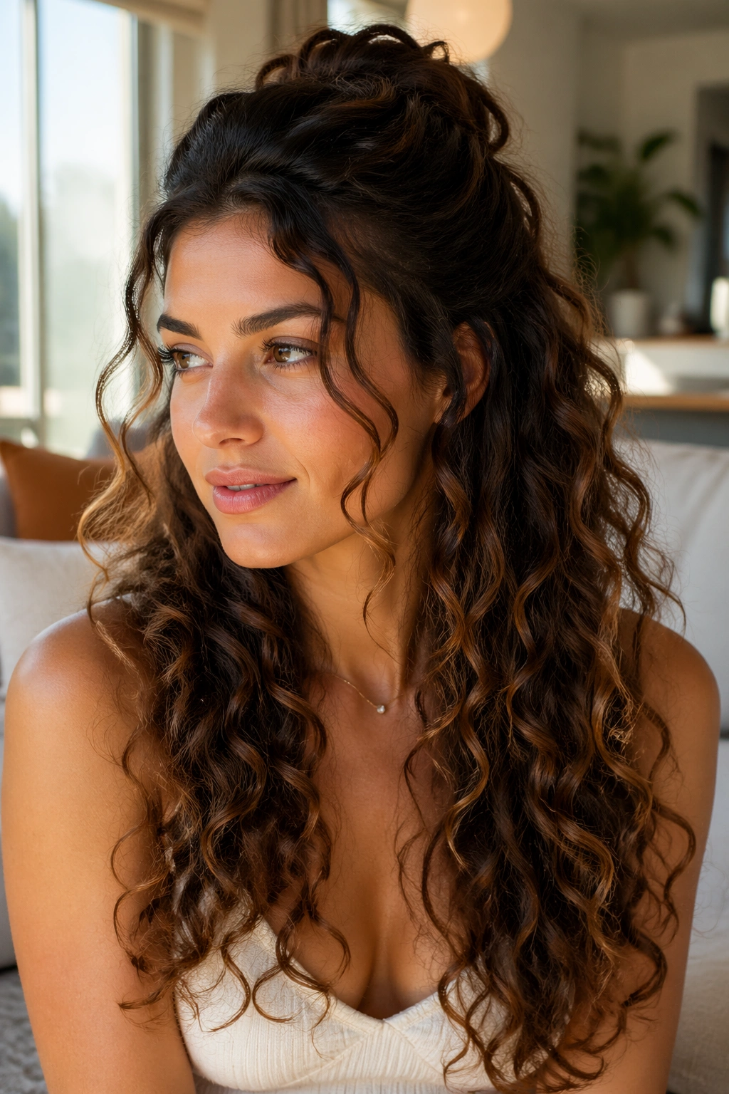 Close-up of a woman with half-up layered curls, crown lift and loose face-framing pieces.