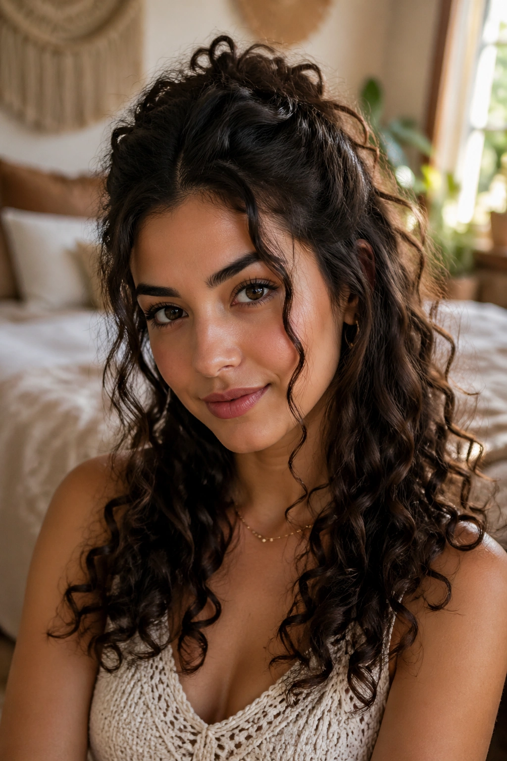 Close-up of a real woman with a romantic half-up hairstyle and face-framing curls in a sunlit bedroom.