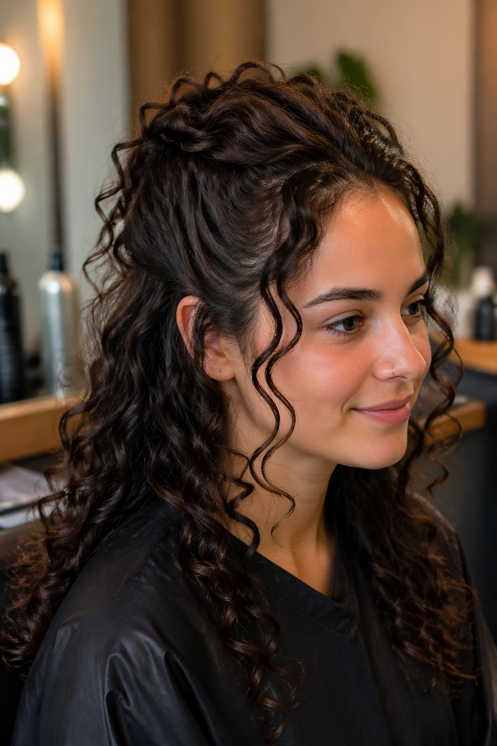 Half-Up Curls close-up in a salon chair
