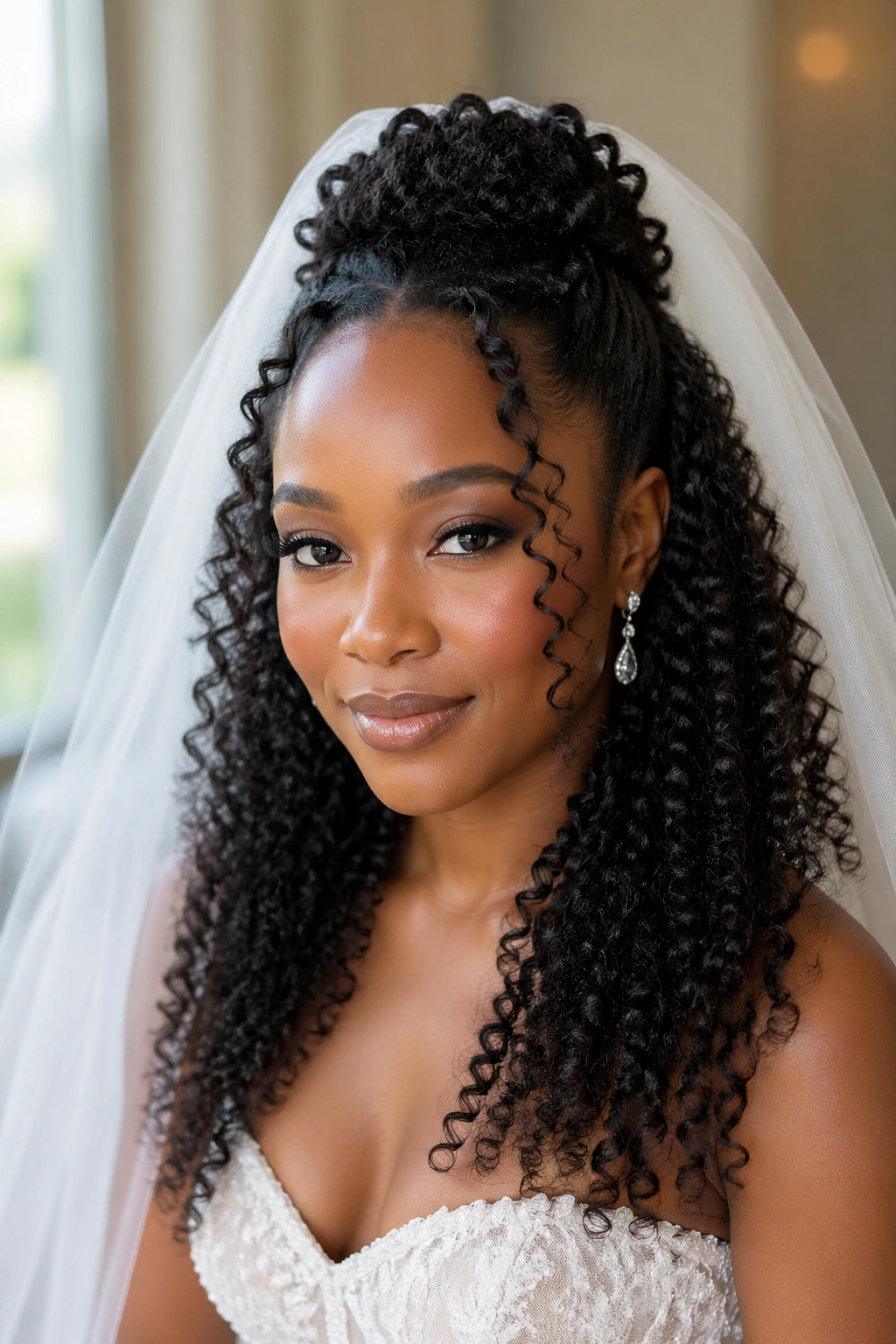 Close-up of a real bride's half-up curls with veil in a bridal suite