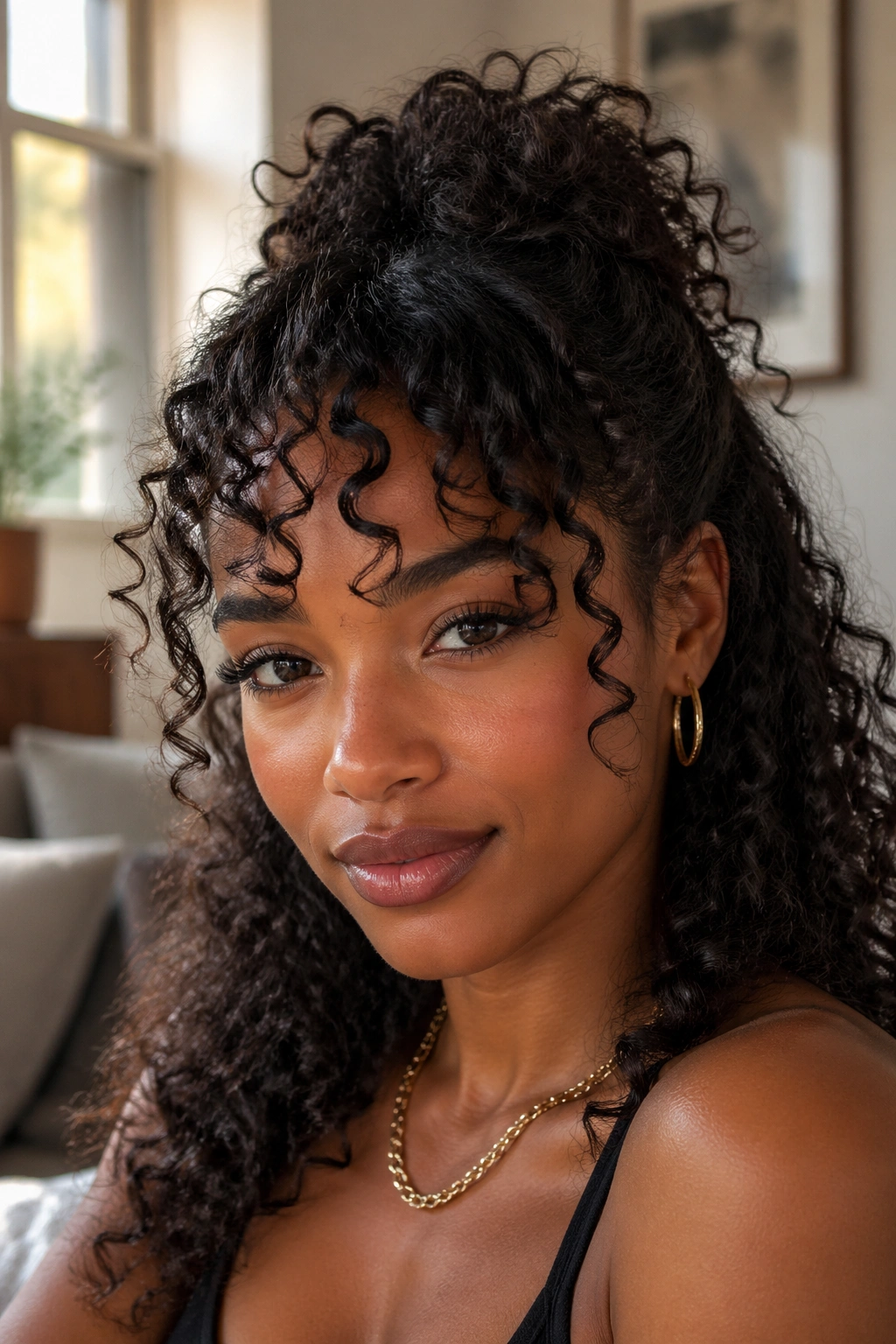 Close-up of a real person with curly bangs part and half-up crown