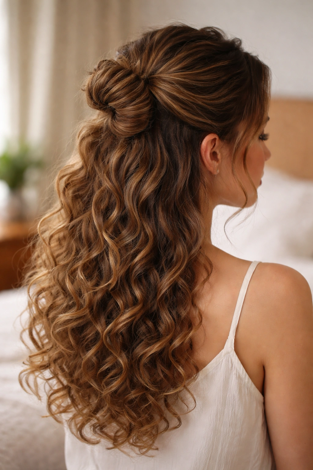 Close-up portrait of a real woman wearing a half-up curly twist bun