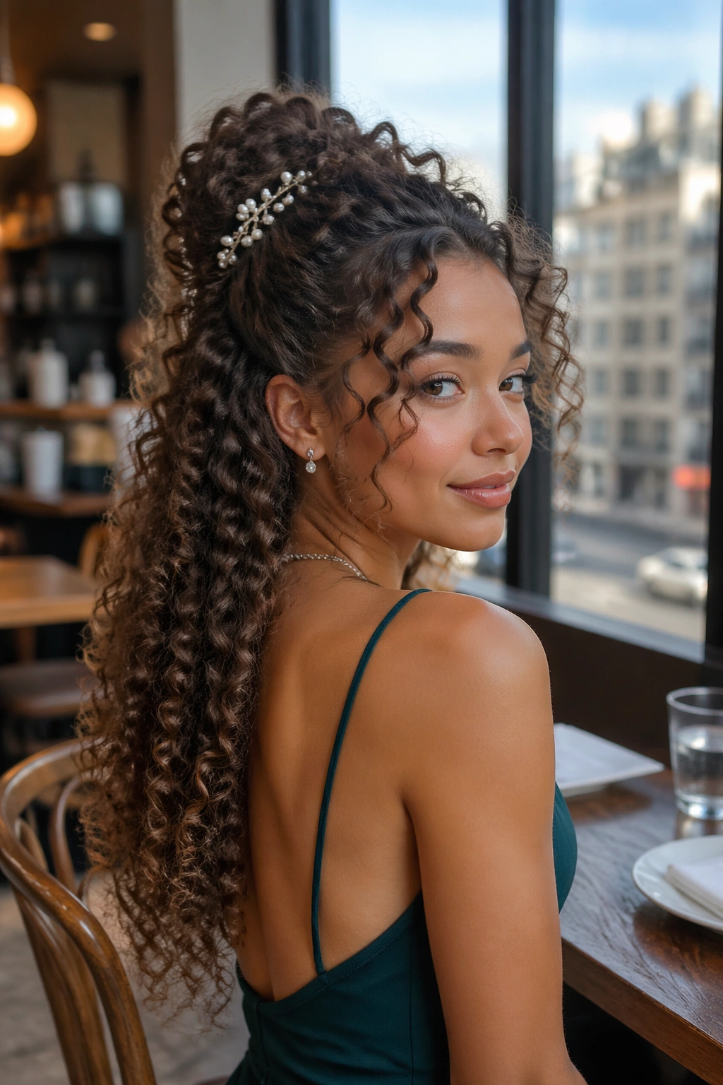 Half-up curly cascade seen in side profile with top pin and cascading curls.