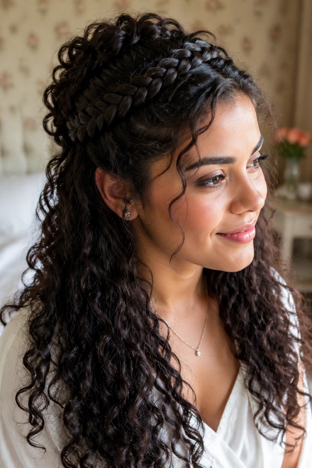 Close-up of a real woman with curly hair in a half-up style with a crown braid across the top