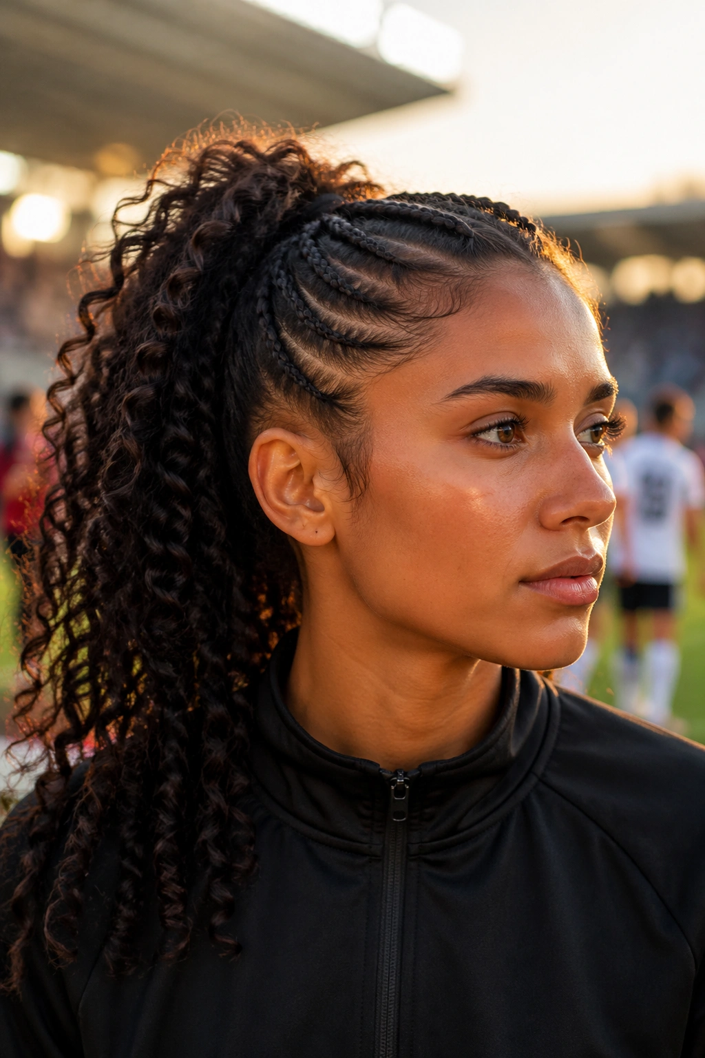 Real person with half-up curly ponytail and braided front during practice