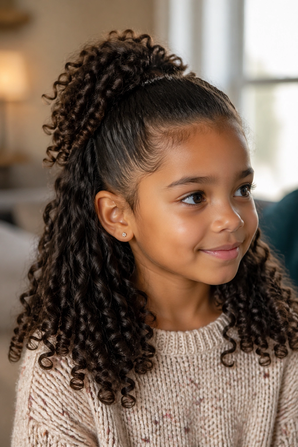 Child with half-up curly ponytail in a cozy room