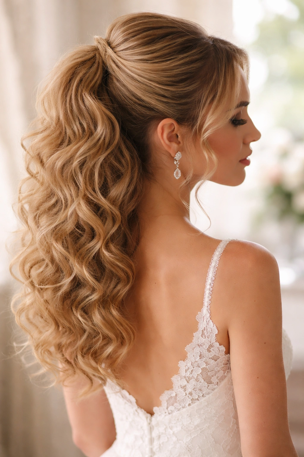 Half-up curly ponytail with crown volume and flowing curls
