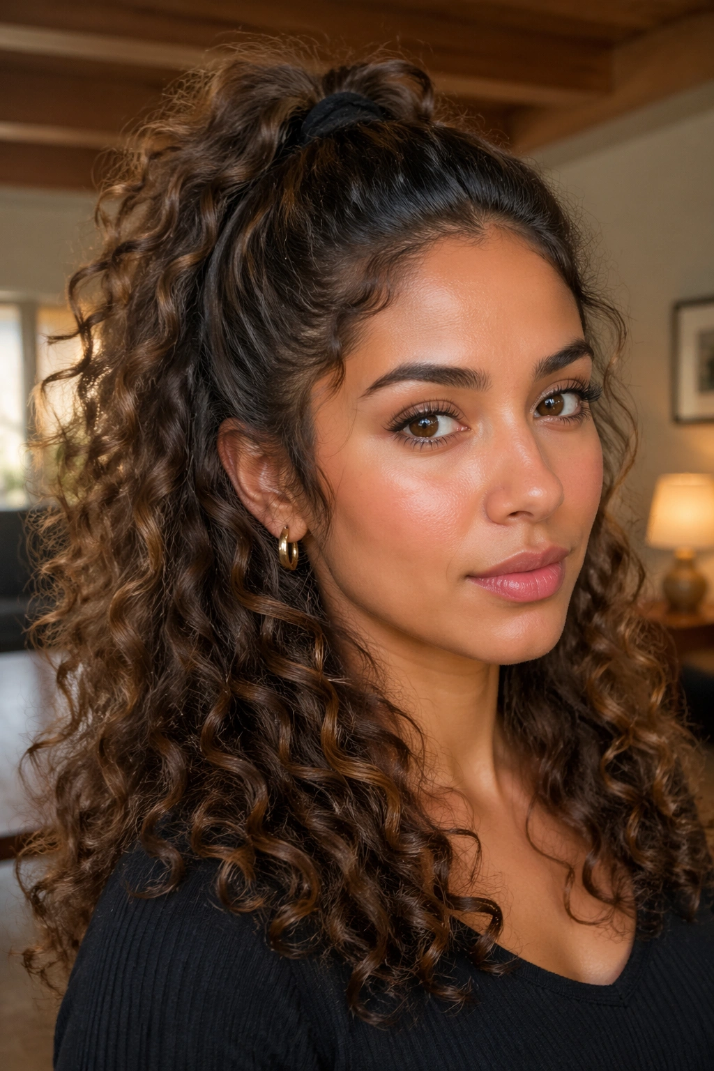 Close-up portrait of a real woman with a half-up curly ponytail