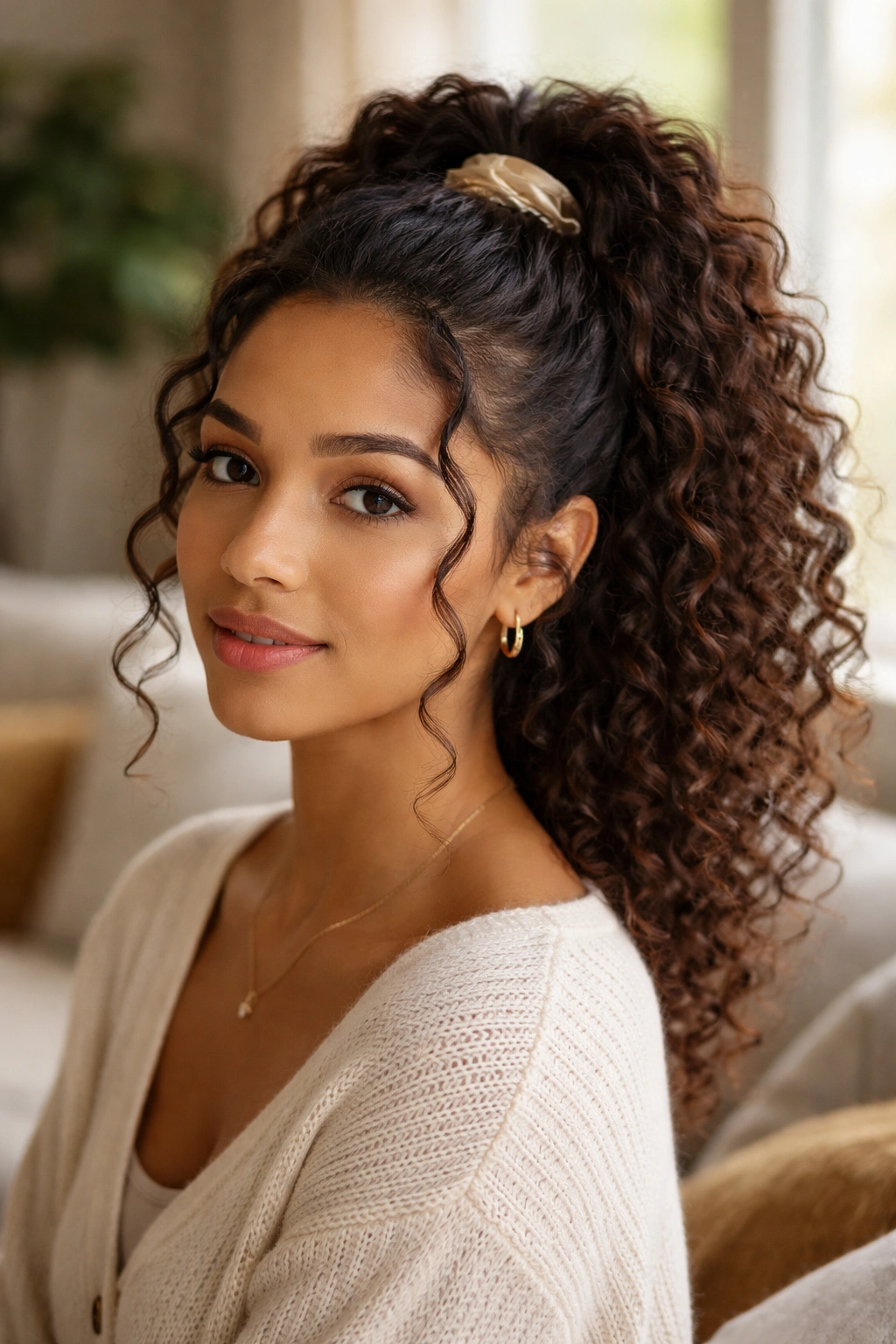 Close-up portrait of a real woman with a half-up curly ponytail and crown lift