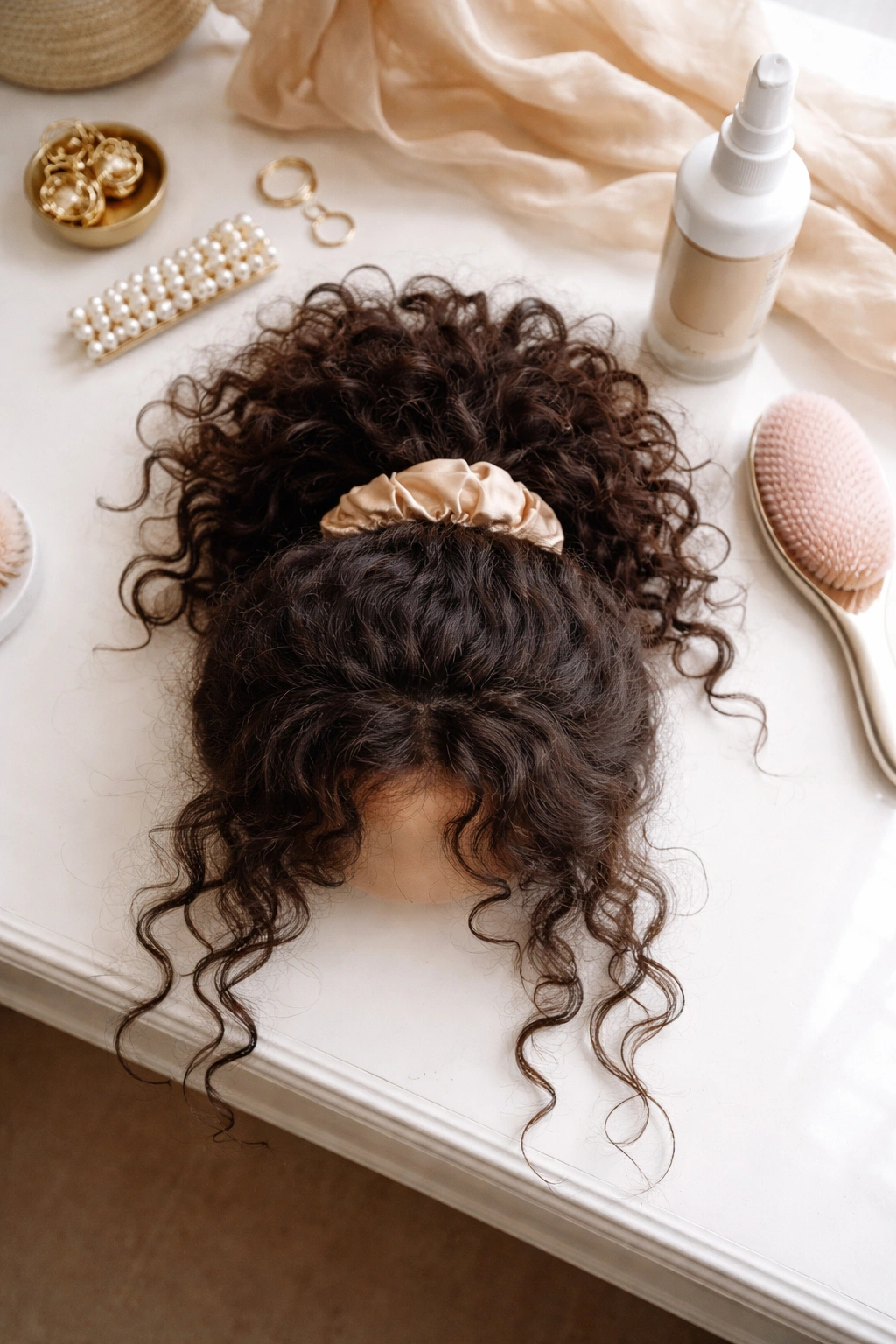 Overhead flat-lay of half-up curly puff with tendrils and accessories