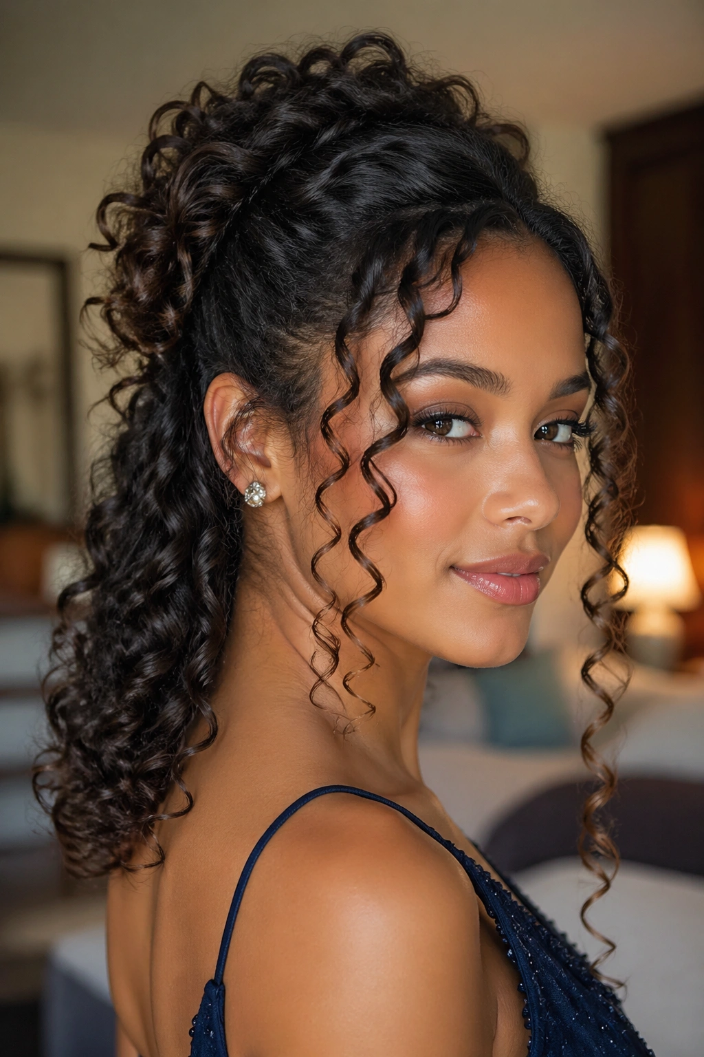 Close-up of a real person with defined half-up curly tendrils hairstyle