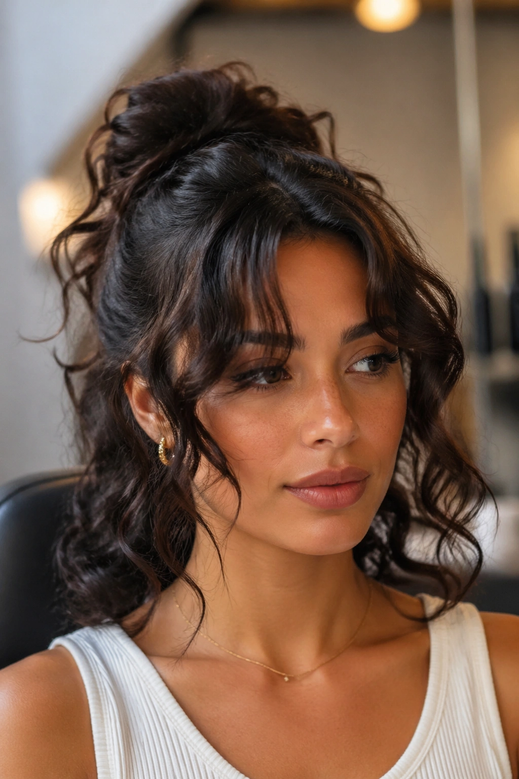 Close-up of a real person with curtain bangs and a half-up hairstyle