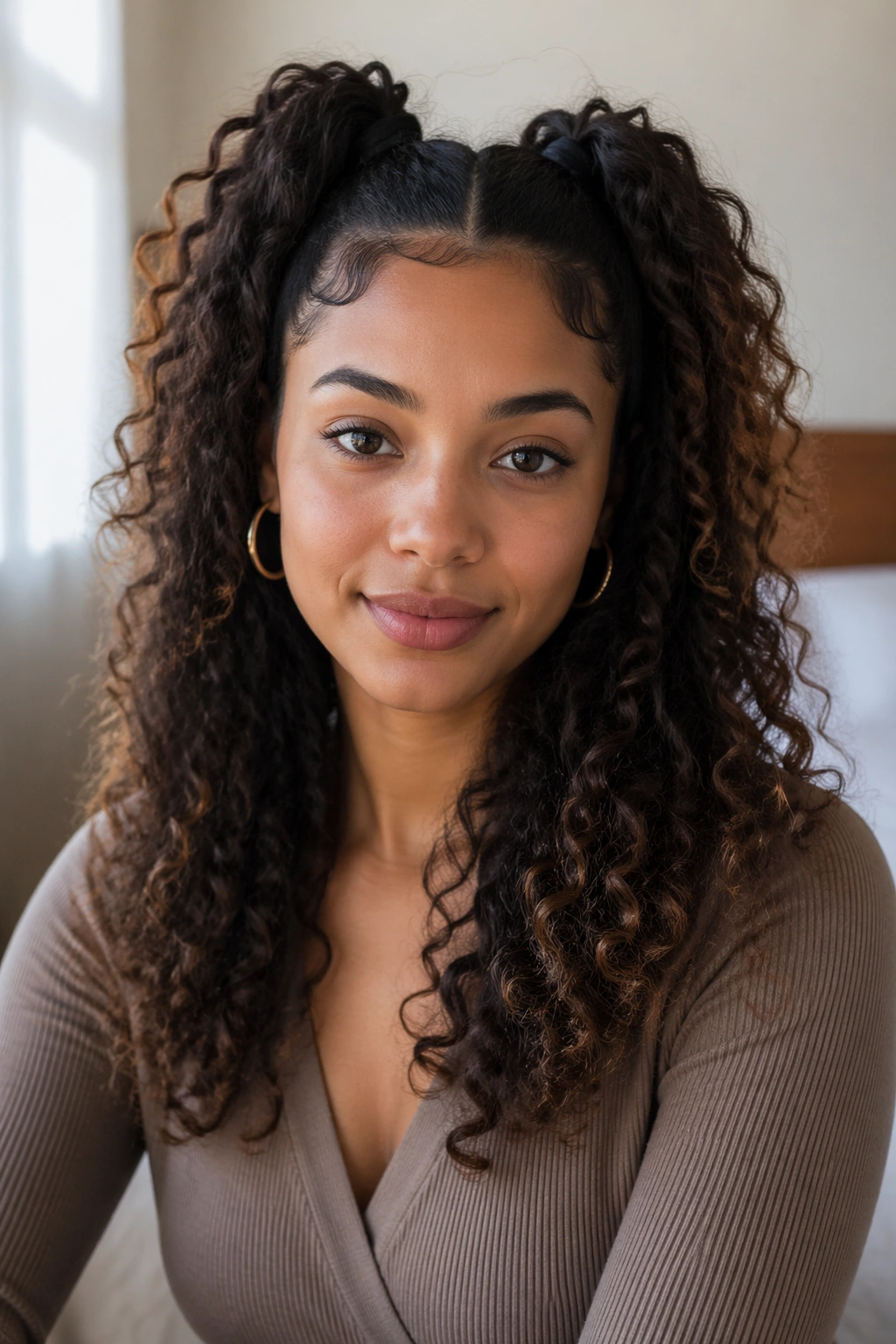 Real woman with half-up double ponytails and loose-length curls