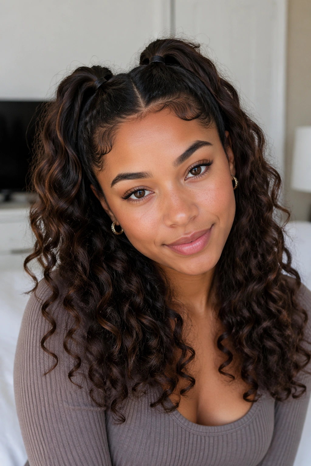 Close-up of half-up double ponytails with loose curls on a real person