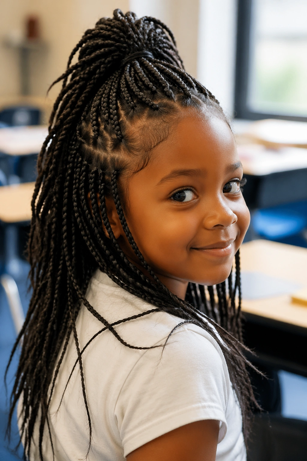 Girl with half-up half-down box braids, top pulled back.