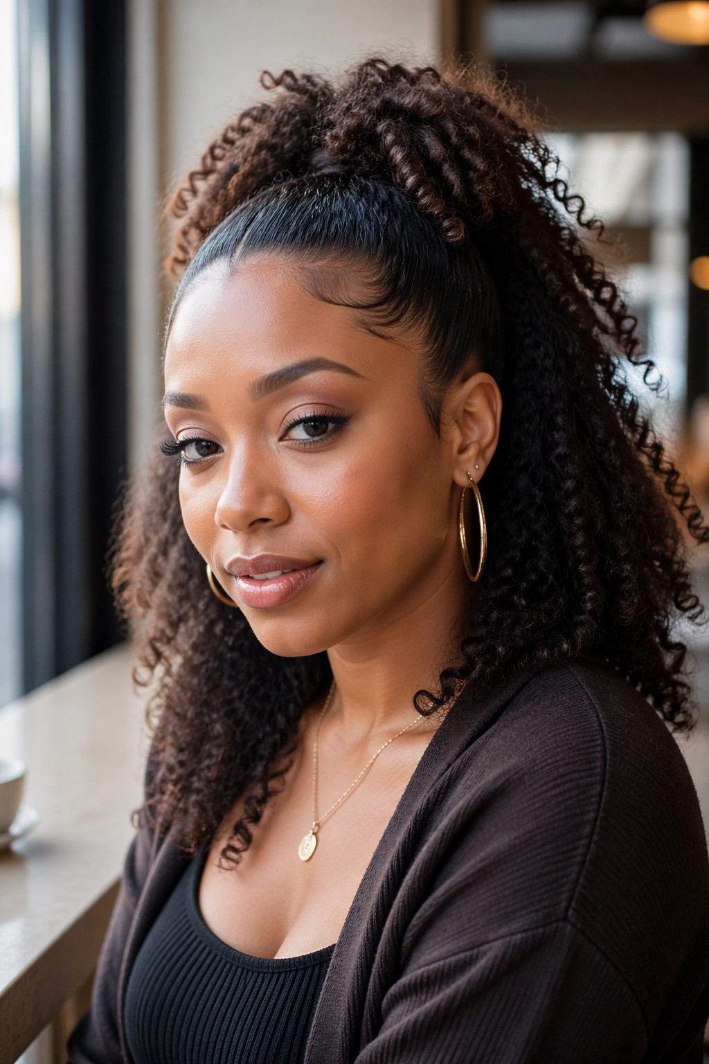 Close-up of a real woman with a half-up drawstring ponytail on Afro hair in a cafe setting.