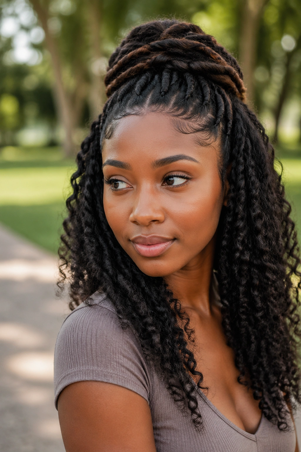 Close-up of a real person with faux locs accent in a half-up hairstyle