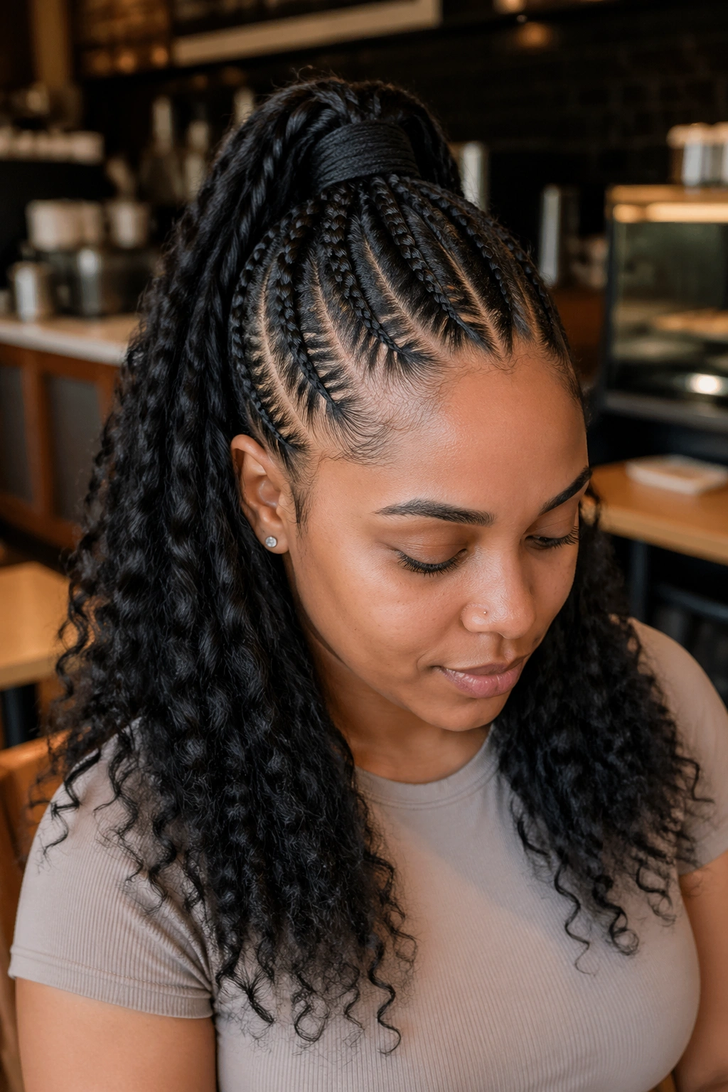 Real woman with half-up feed-in style showing top half pony