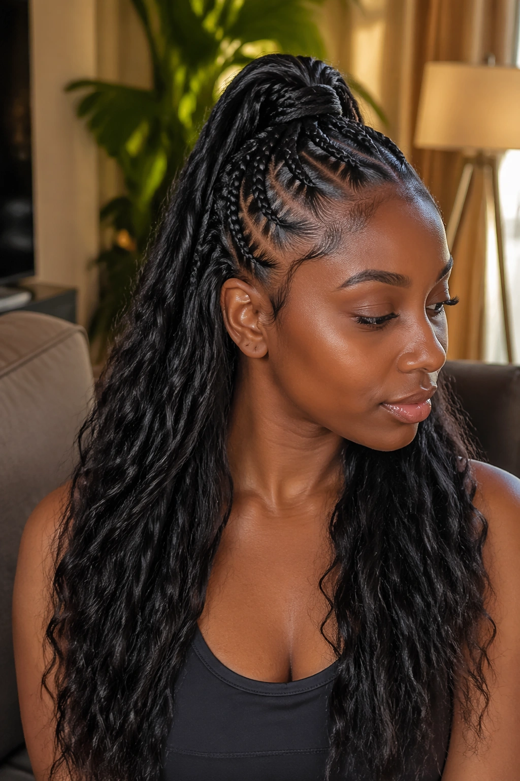 Close-up of a real woman with a half-up feed-in ponytail and flowing lower hair.