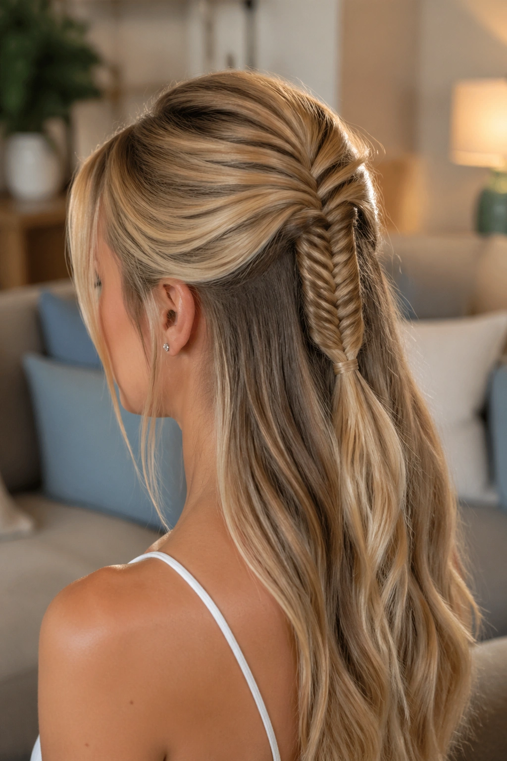 Close-up of a woman with half-up fishtail ponytail and loose lower hair
