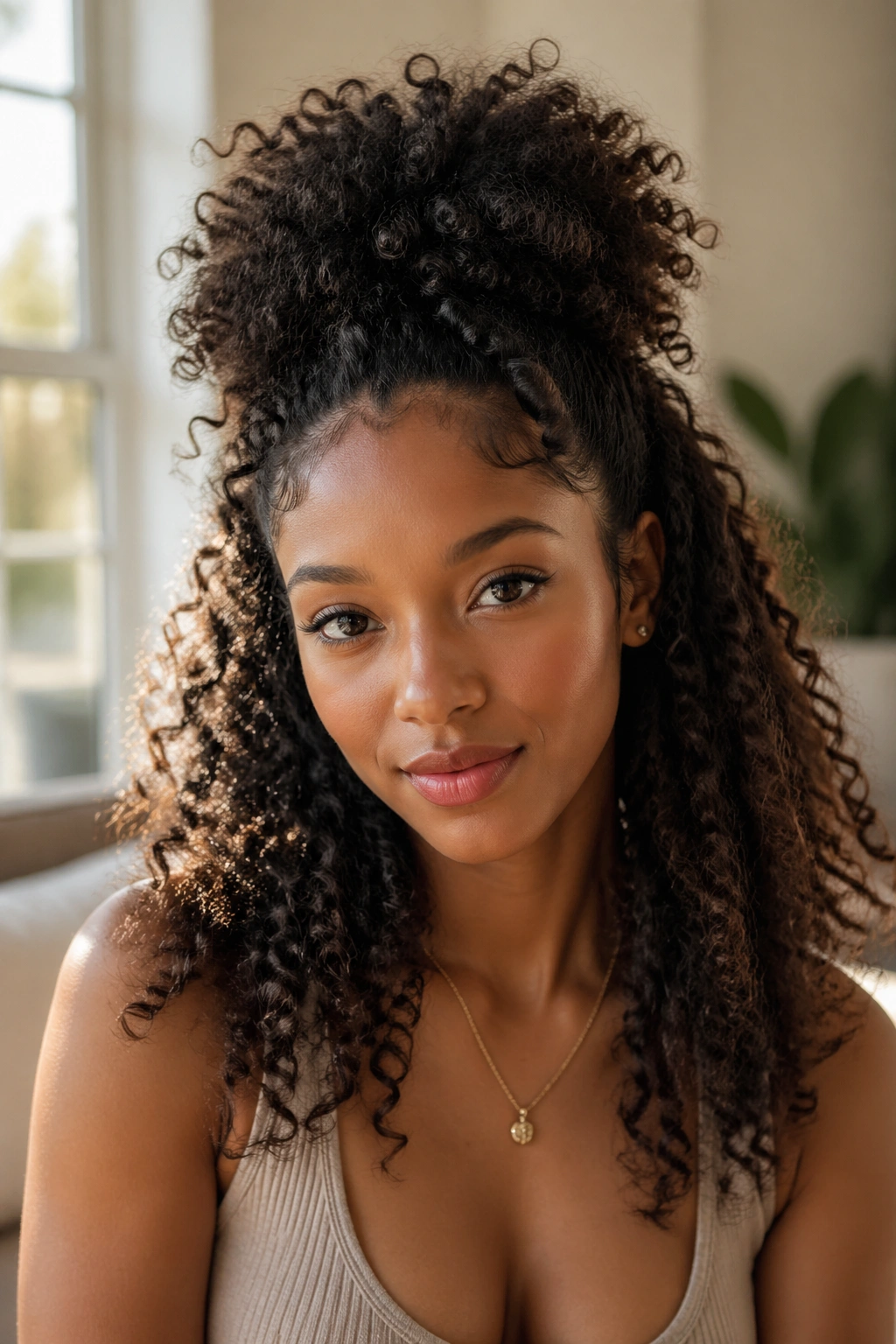 Portrait of a woman with a large fluffy crown hairstyle in half-up style
