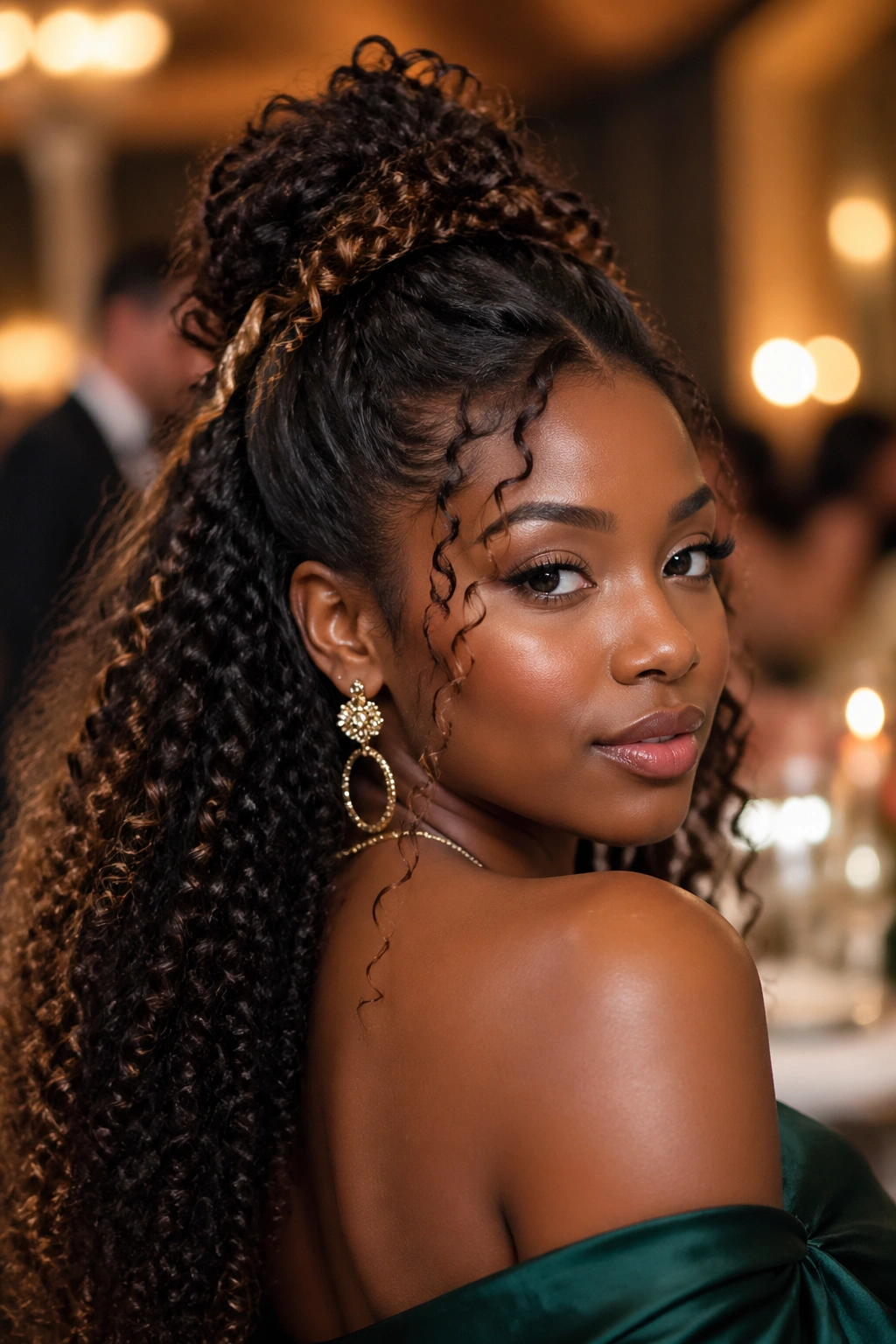 Close-up of a real woman with a polished half up hairstyle in warm formal lighting