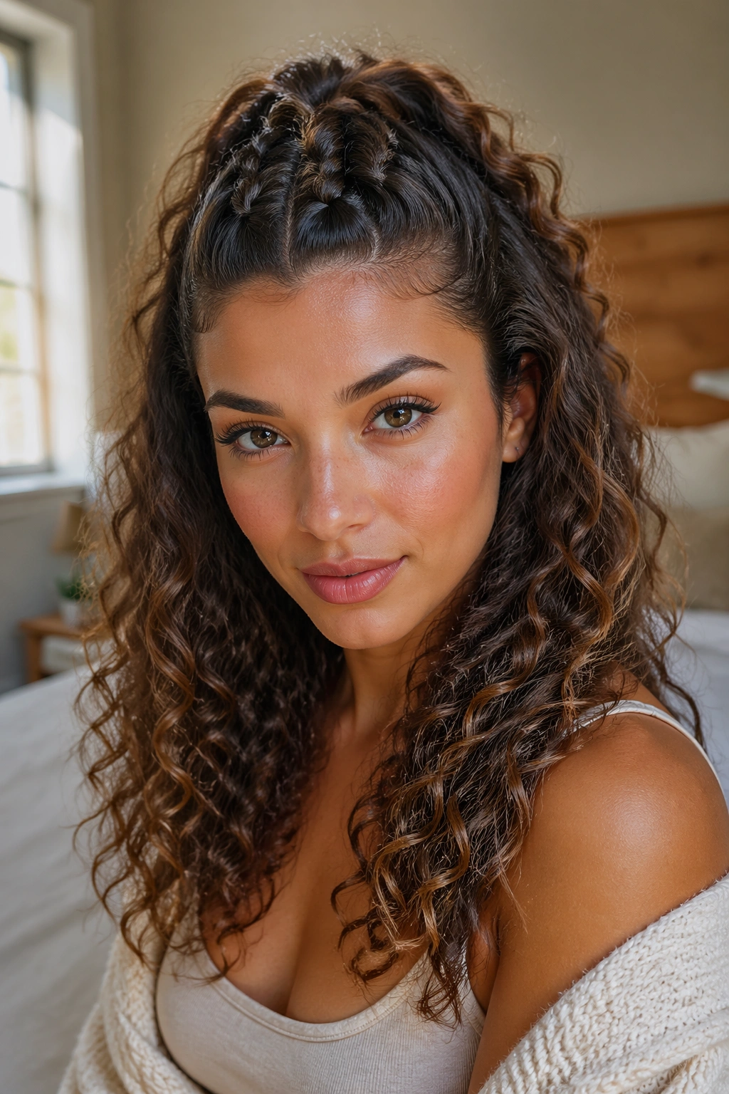 Close-up of a real woman with a half-up French braid on curly hair