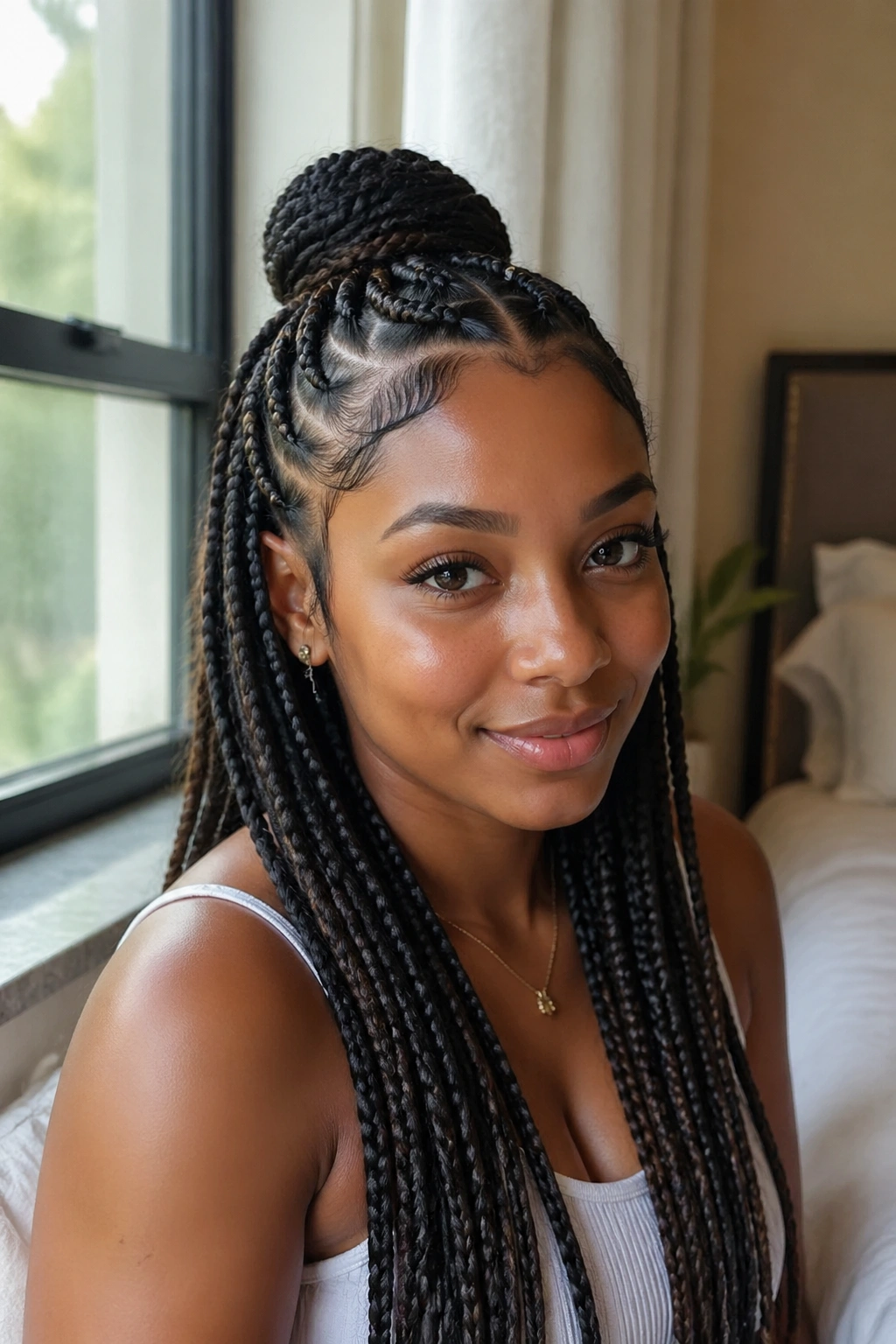 Close-up of a real woman wearing half-up Fulani box braids with a top knot.