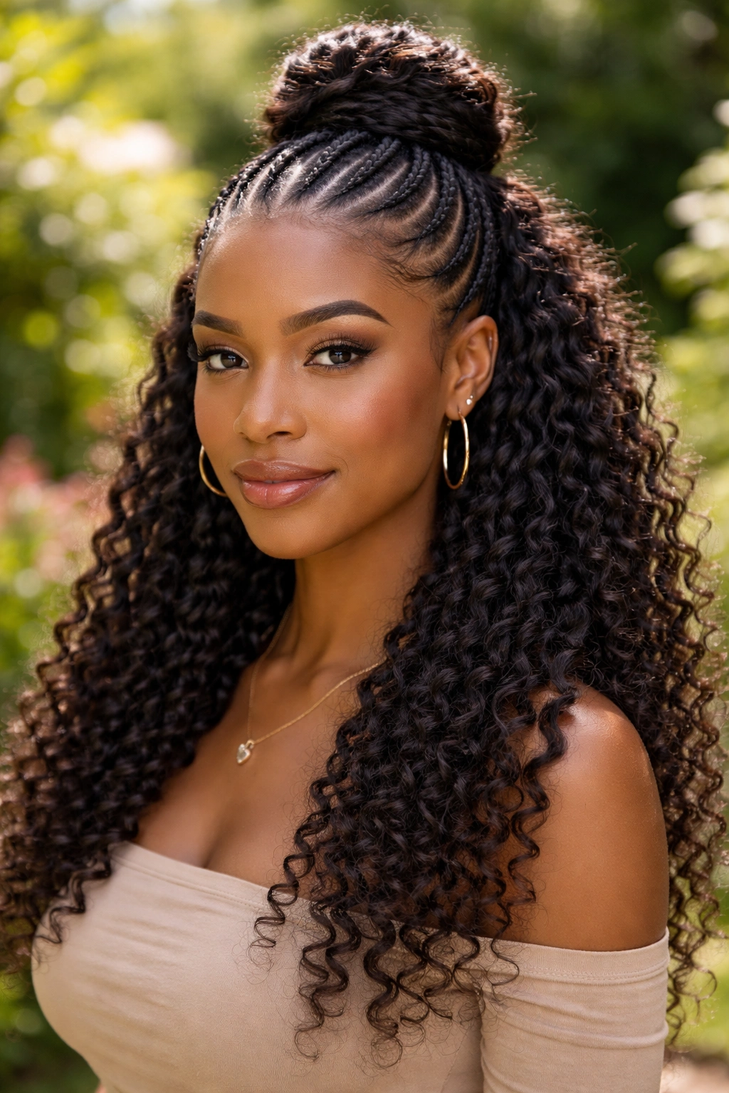 Close-up of a real woman's head with half-up Ghana cornrows and loose curls