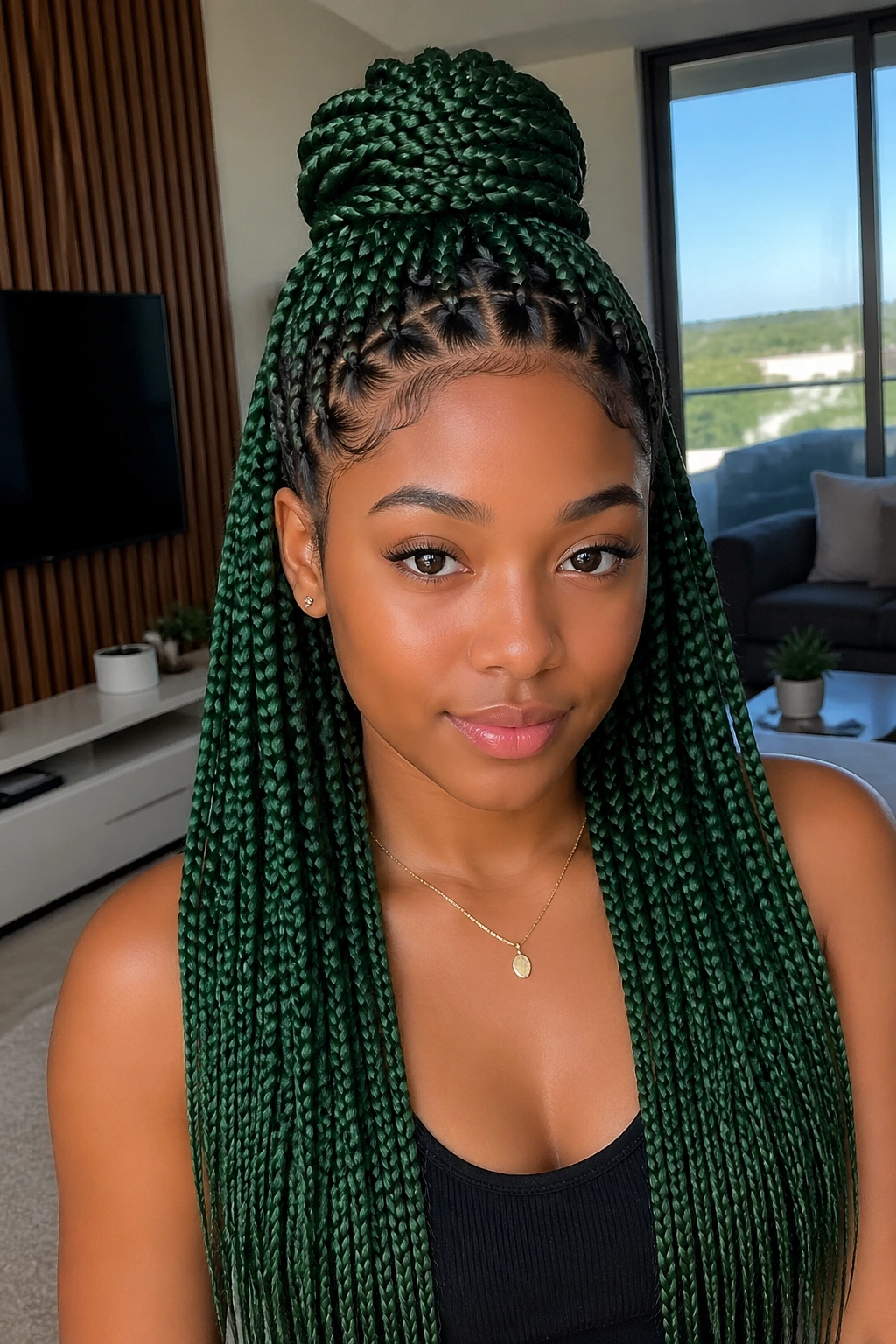 Portrait of a real person with half-up half-down green box braids