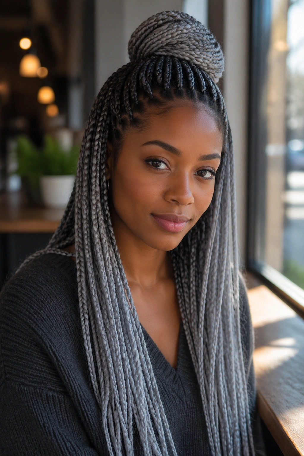 Close-up portrait of a woman with half-up half-down grey box braids.