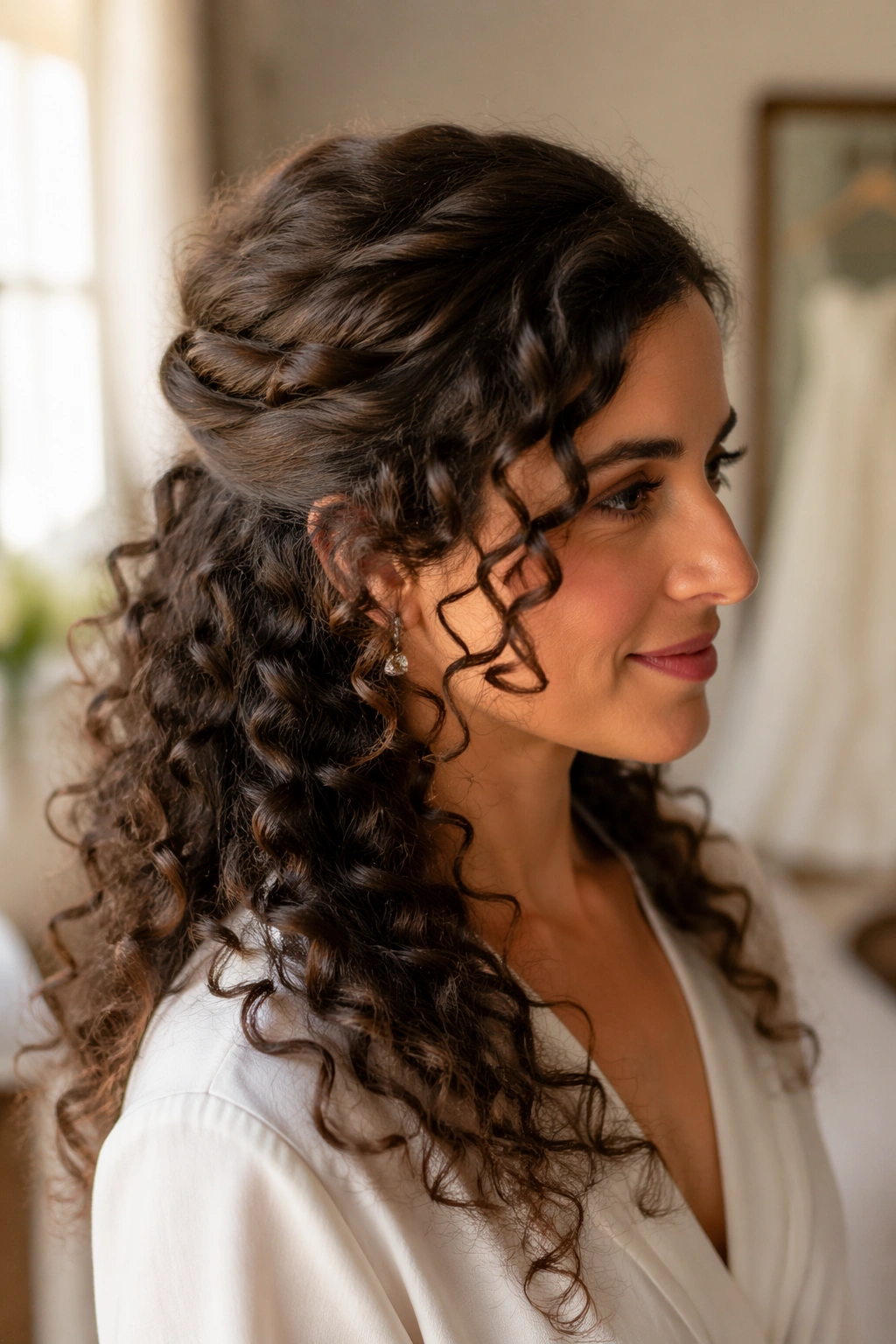 Close-up of a real woman with the formal folded half-up hairstyle and a hidden matte claw clip