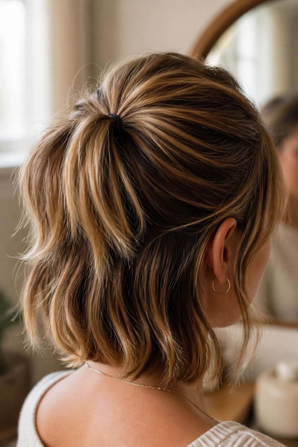 Close-up crown detail of Half-Up Ponytail with Hidden Length on short bob