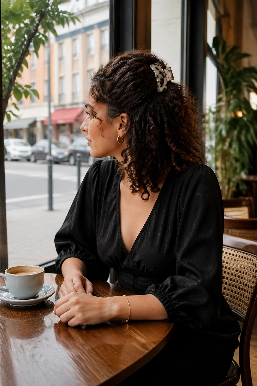 Half-up curly hair with barrette at cafe window