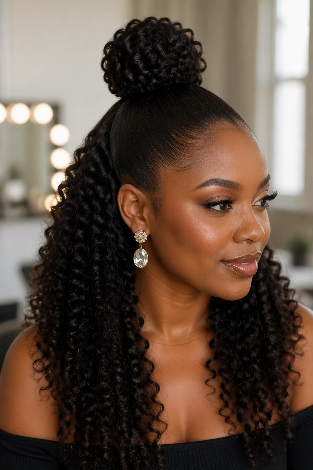 Close-up of a Black woman with a sleek crown bun and curly cascade
