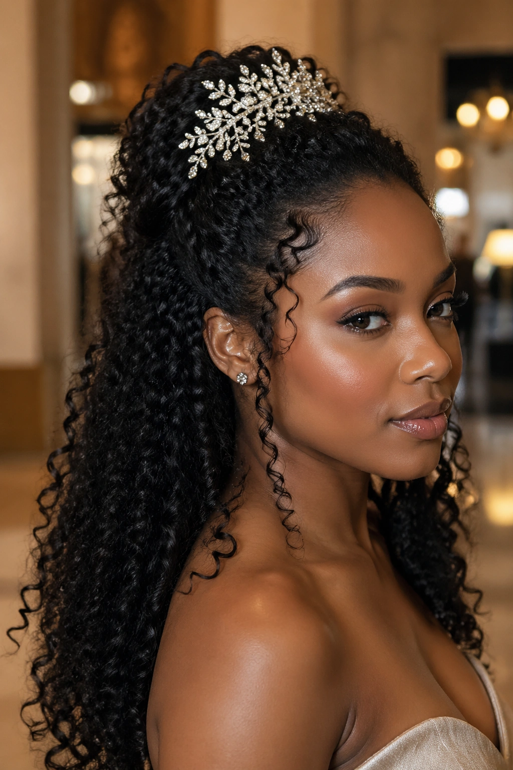Close-up of a real woman wearing a half-up hairstyle with a large jeweled comb at the crown