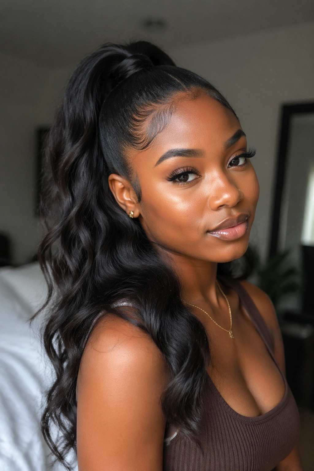 Close-up of a real woman with a sleek high-crown half-up ponytail and loose waves