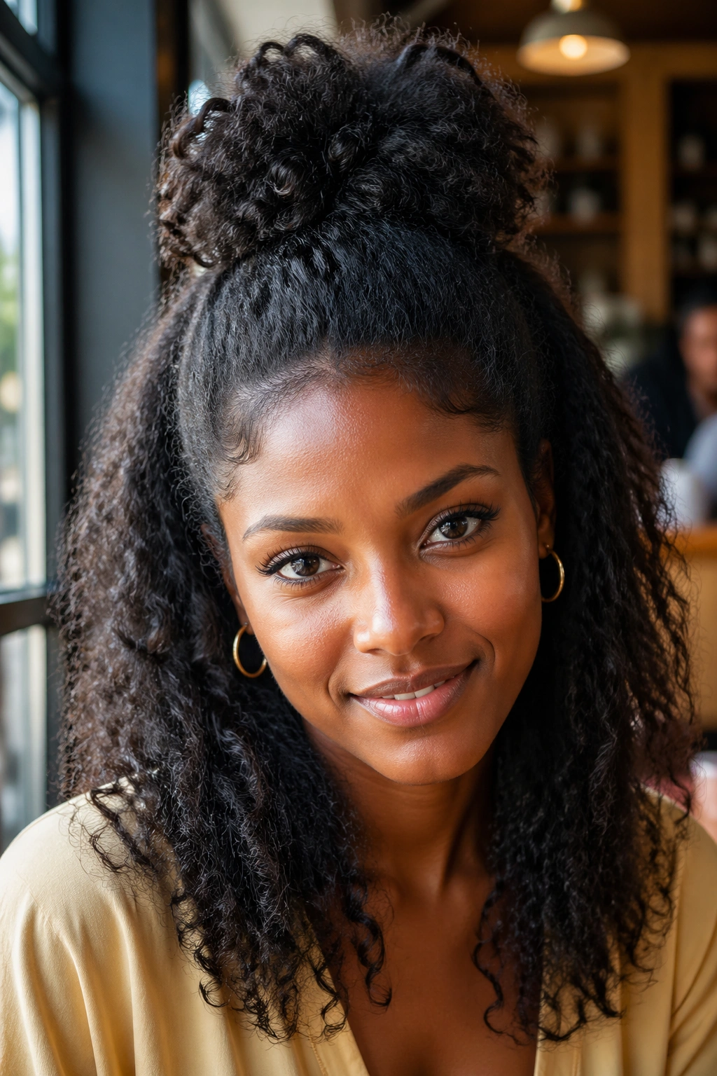 Close-up of a real woman with half-up hairstyle showing top puff and flowing bottom hair.