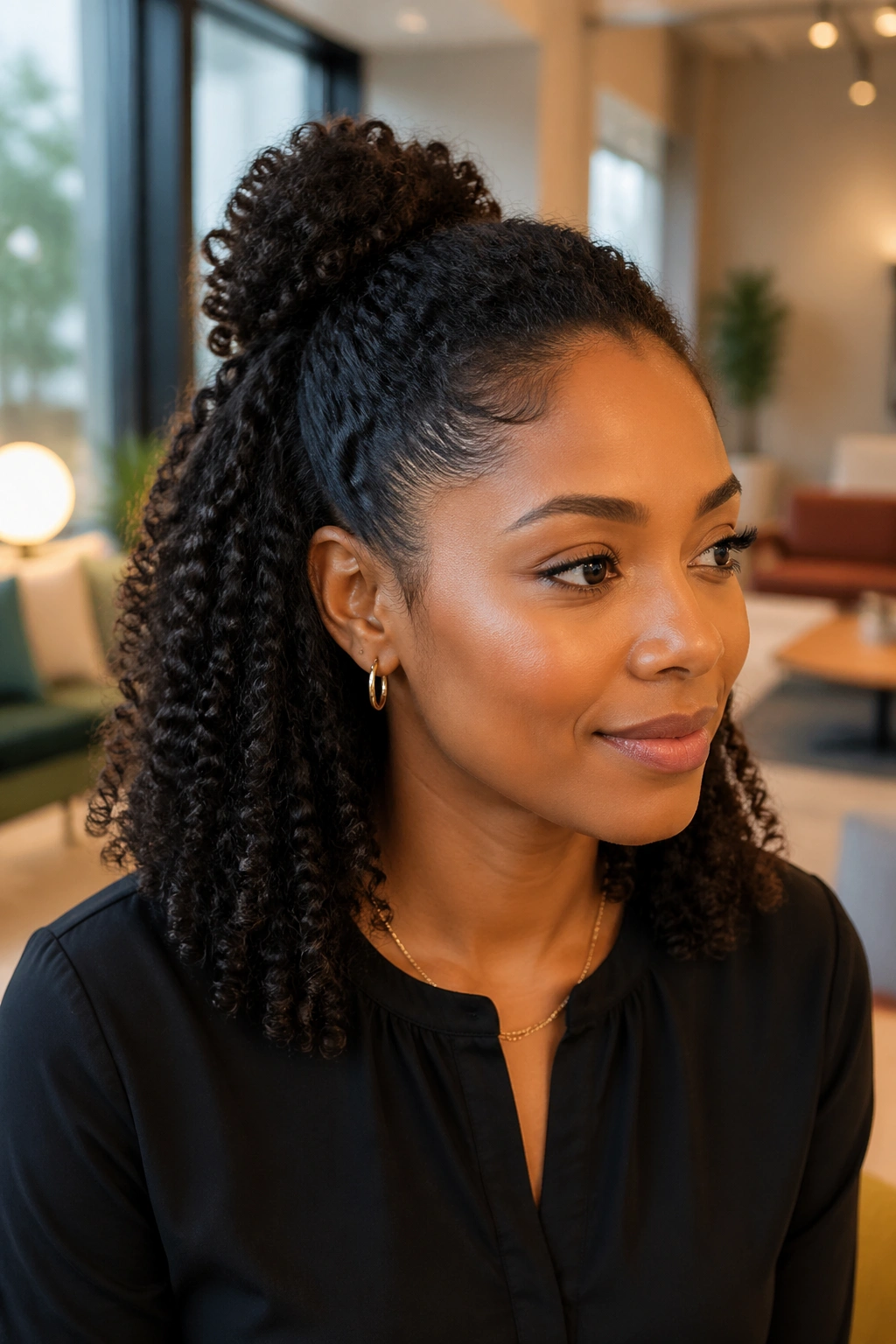 Portrait of a real person with a neat half-up hairstyle in office lounge
