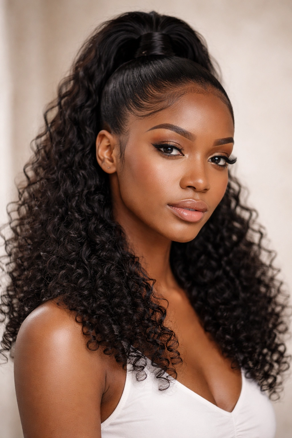 Close-up of Half-Up, Half-Down Pony hairstyle with sleek top and voluminous bottom curls