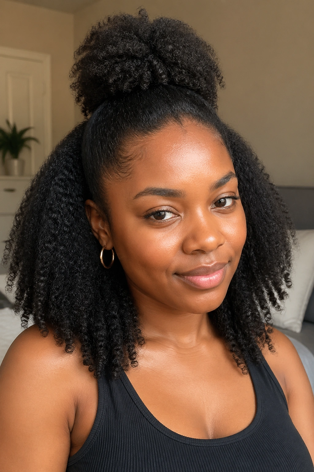 Close-up of a real person wearing a half-up half-down natural hairstyle in a softly lit bedroom